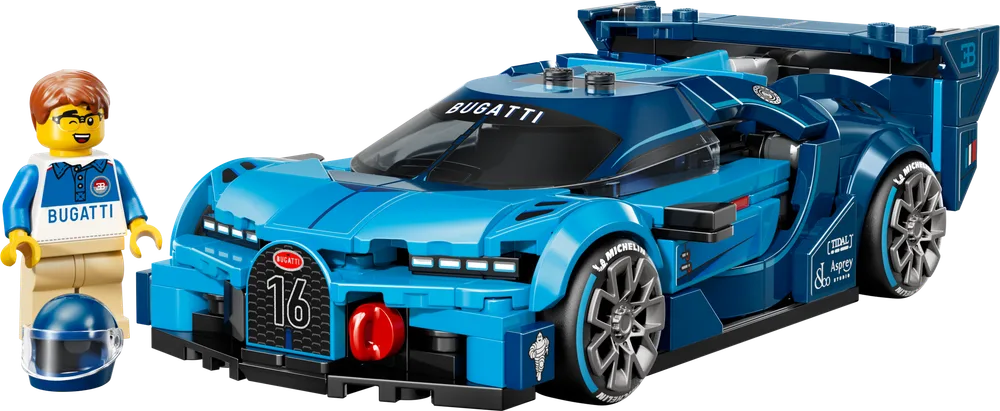 LEGO Speed Champions Bugatti Vision GT hyper sports car with driver minifigure, front-side view.