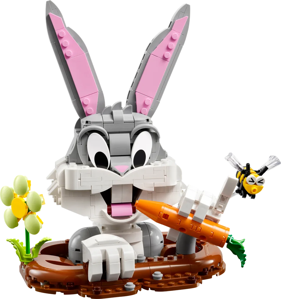 LEGO Looney Tunes Bugs Bunny bust with a carrot and a bee, popping out of a brown burrow.