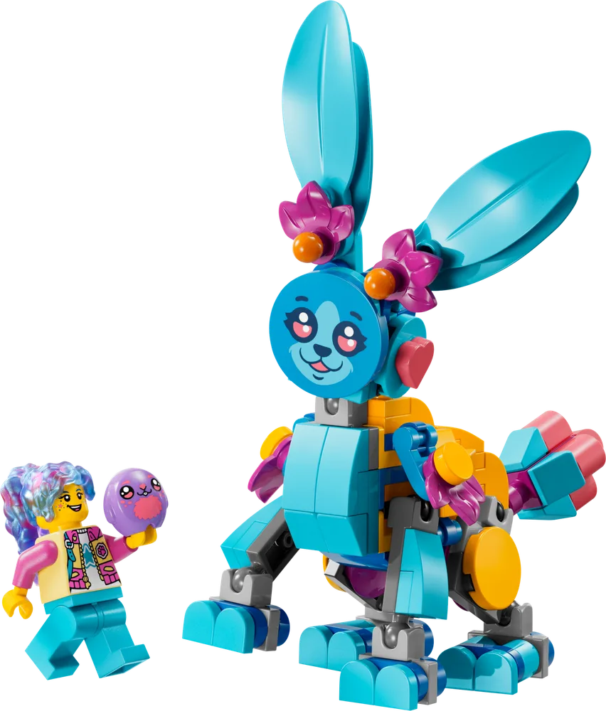 Izzie minifigure stands next to a large blue and yellow rabbit build, holding a purple creature.