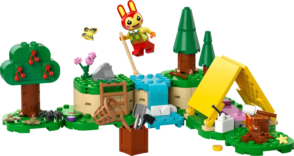 Full LEGO Animal Crossing set featuring Bunnie, a waterfall, cherry tree, evergreen trees, and a yellow tent.