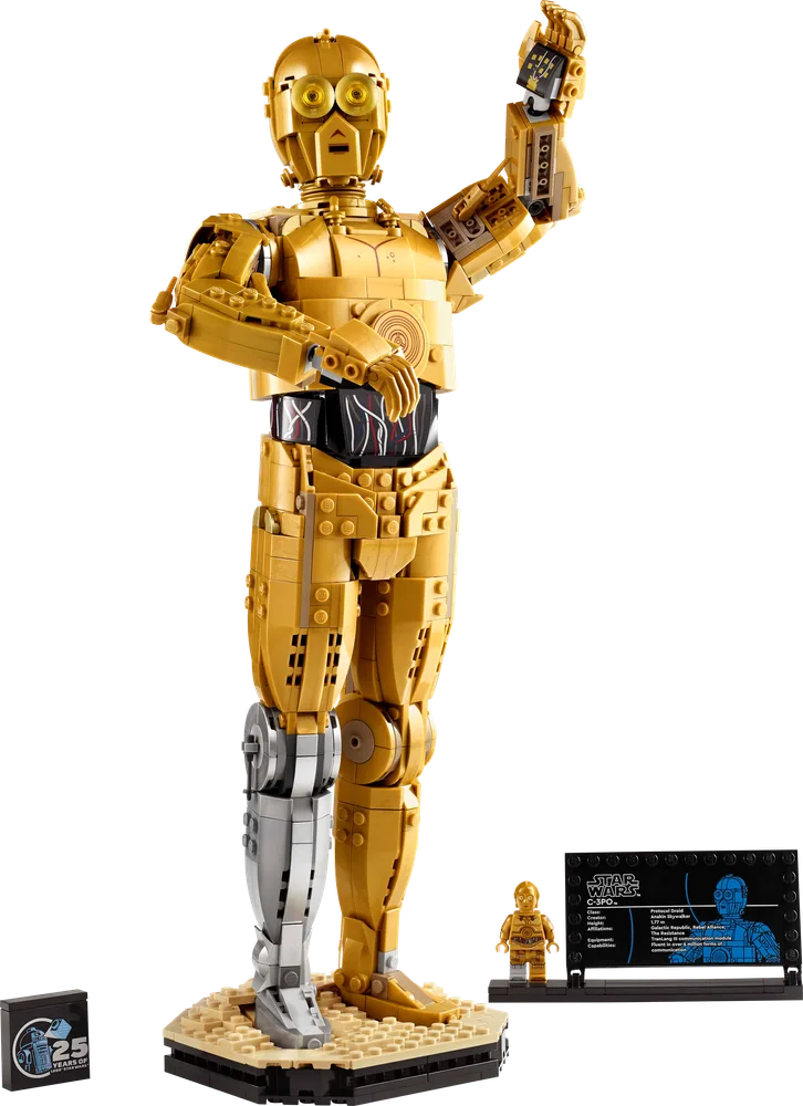 Full front view of the LEGO Star Wars C-3PO build, with a minifigure and info plaque on a tan base. C-3PO's right arm is raised, holding a small device.