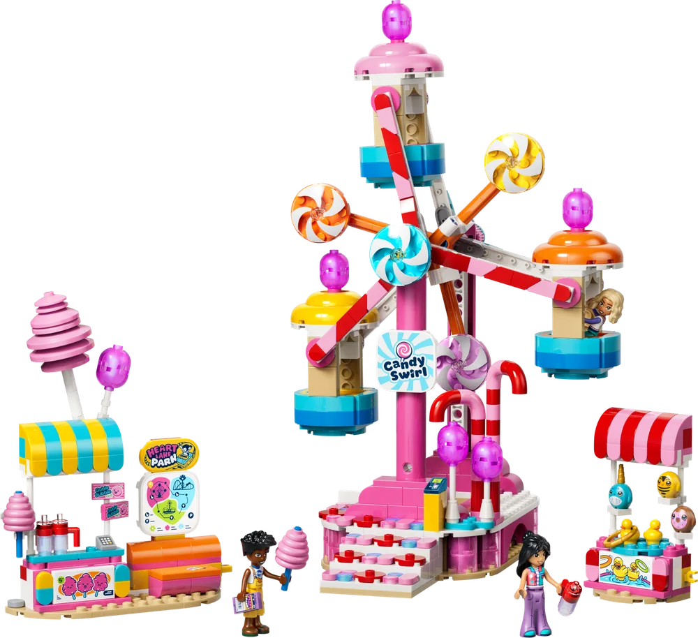 A vibrant LEGO Friends fairground set featuring a pink Ferris wheel with colorful gondolas and two candy-themed stalls, presented against a white background.
