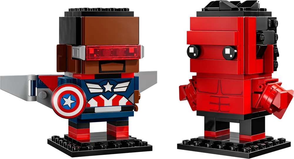 Full front view of LEGO BrickHeadz Captain America and Red Hulk figures on black display plates, showing detailed brick-built features.