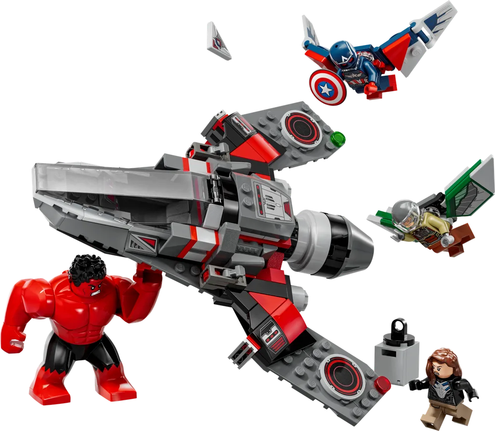LEGO Marvel Captain America vs. Red Hulk Battle set 76292 with Red Hulk lifting the jet, Captain America and Falcon flying, and Sharon Carter next to a turret.