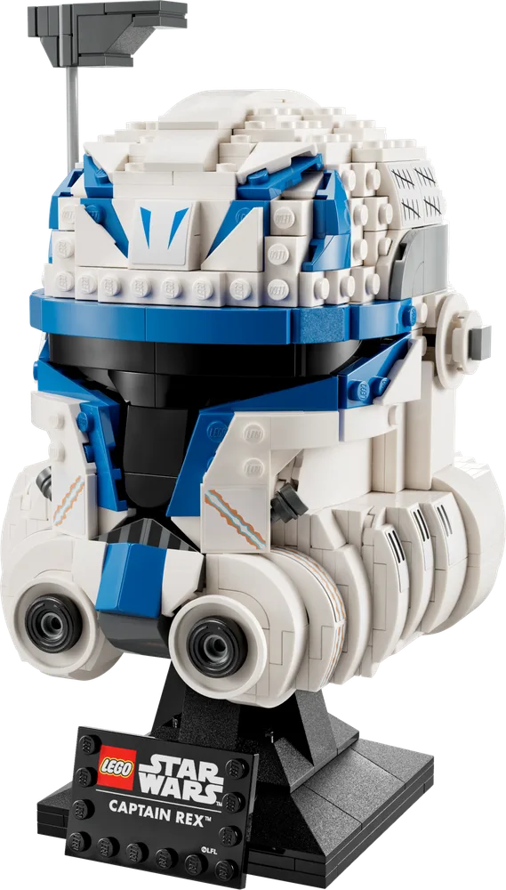 LEGO Star Wars Captain Rex Helmet 75349, a detailed white and blue helmet build with greebling and tally marks.