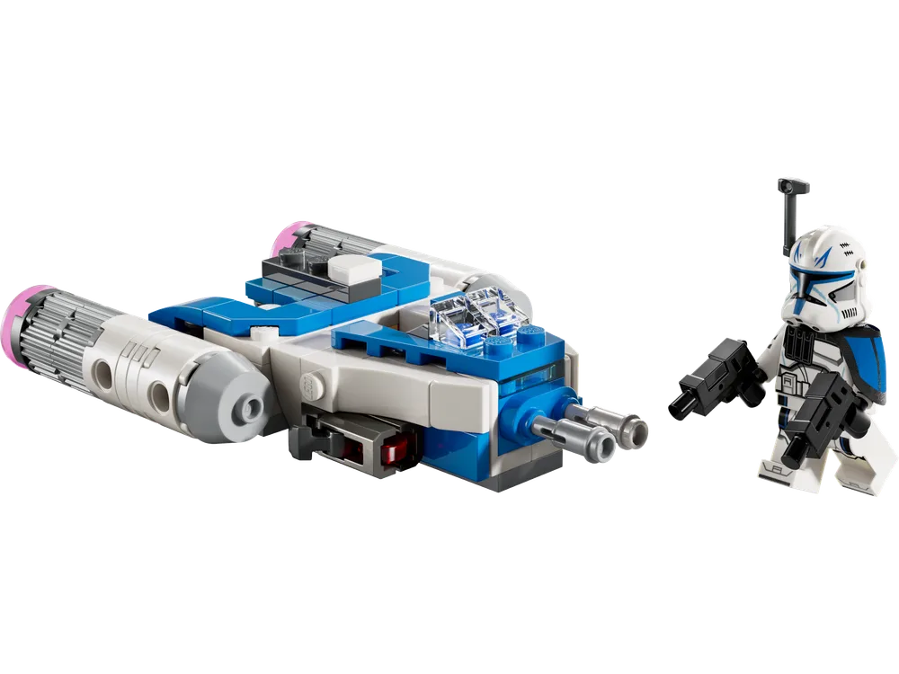 A LEGO Captain Rex minifigure stands beside his Y-Wing Microfighter against a clean white background, showcasing both the character and the compact vehicle.