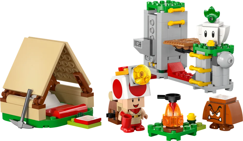 Full LEGO Super Mario Captain Toad's Camp set, featuring Captain Toad, Toadette, a Goomba, a tent, a campfire, and a mining structure.