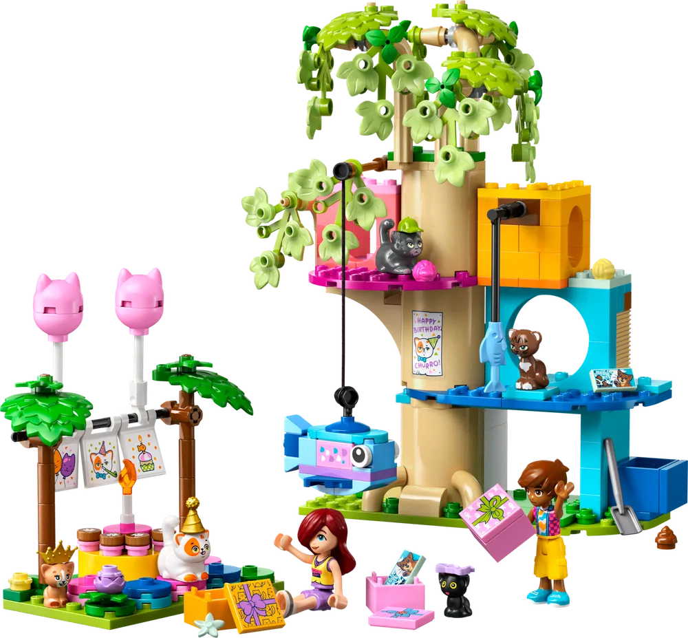 The complete LEGO Friends 42666 Cat Birthday Party Tree House set featuring a two-part build with a treehouse and a separate birthday party area, along with two minifigures, several cat figures, and accessories.