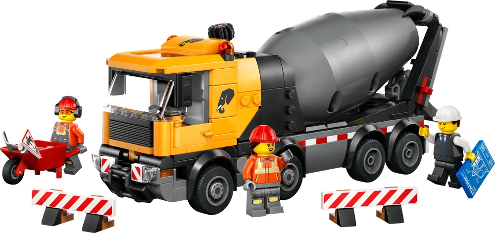 A LEGO City cement mixer truck, featuring an orange cab and dark gray mixing drum, is positioned front-right with three minifigures, barriers, and a wheelbarrow arranged around it.