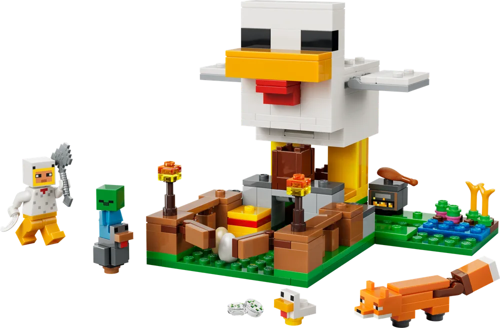 The LEGO Minecraft Chicken Farm set, 21585, featuring a large white chicken house, a brown fenced enclosure, a green baseplate, minifigures of Steve in a chicken suit, a zombie, a fox, and several small chickens.