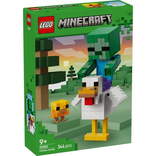 Front of the LEGO Minecraft Chicken Jockey set box, featuring a baby zombie riding a large chicken with a smaller baby chicken nearby against a pixelated landscape.