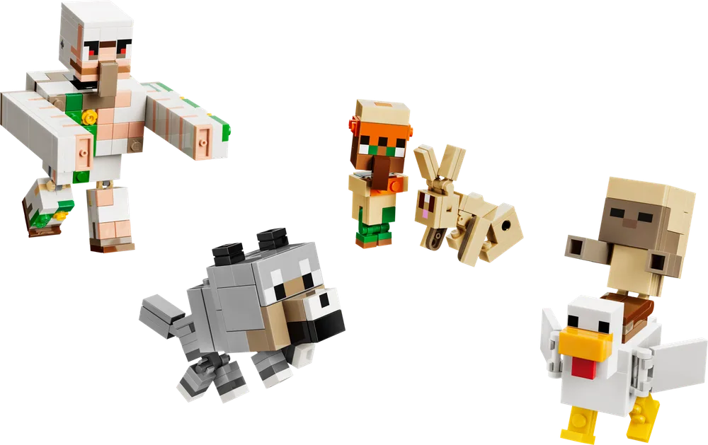 A lineup of brick-built LEGO Minecraft characters, including an Iron Golem, a Villager, a rabbit, a wolf, and a Chicken Jockey.