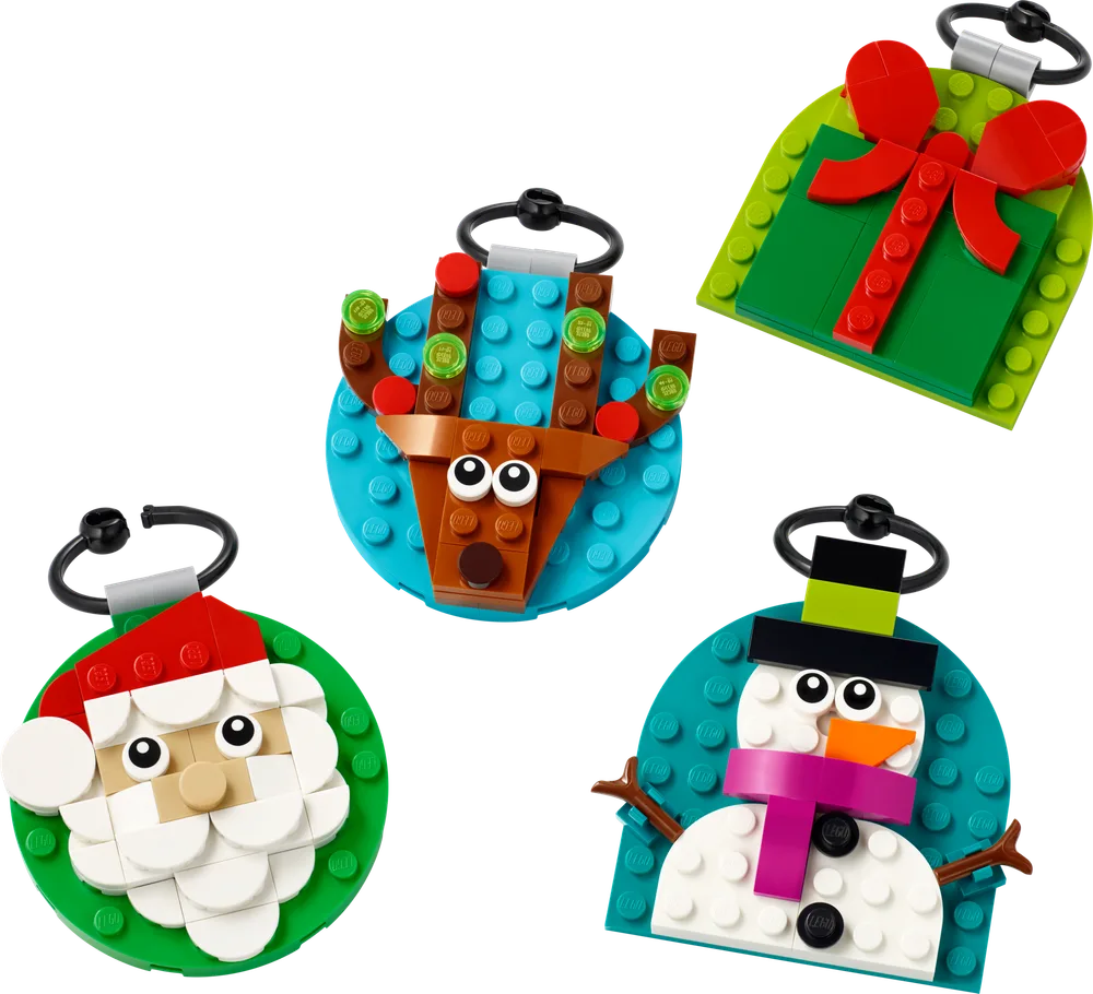 Four LEGO Christmas ornaments including Santa, a reindeer, a present, and a snowman, against a white background.