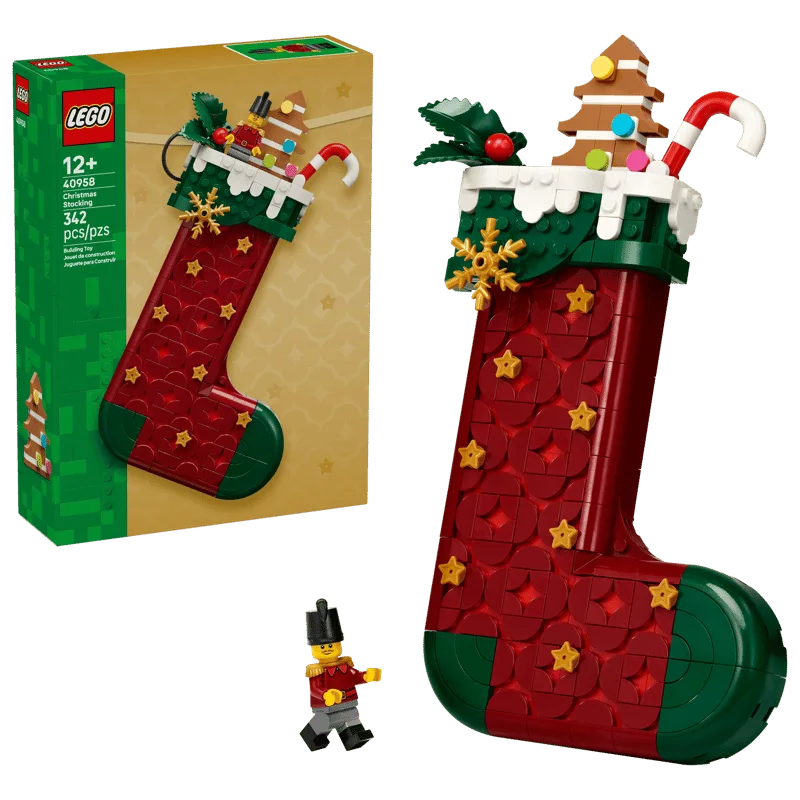 The LEGO 40958 Christmas Stocking set box and the built model with a Nutcracker minifigure.