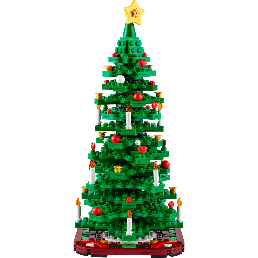 A fully decorated LEGO Christmas tree, featuring green branches, red and white ornaments, and white candles with yellow flames, all topped with a yellow star.