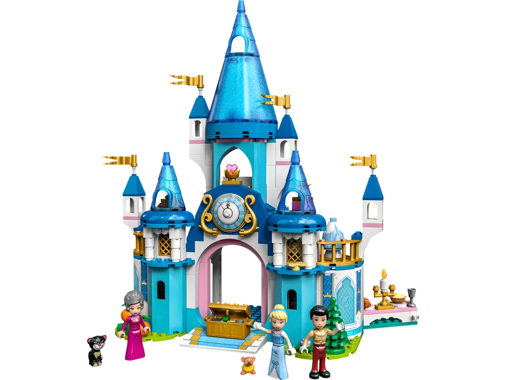 A front view of the built Cinderella and Prince Charming's Castle set (43206) with minifigures. The castle features blue, white, and pink elements with golden accents.