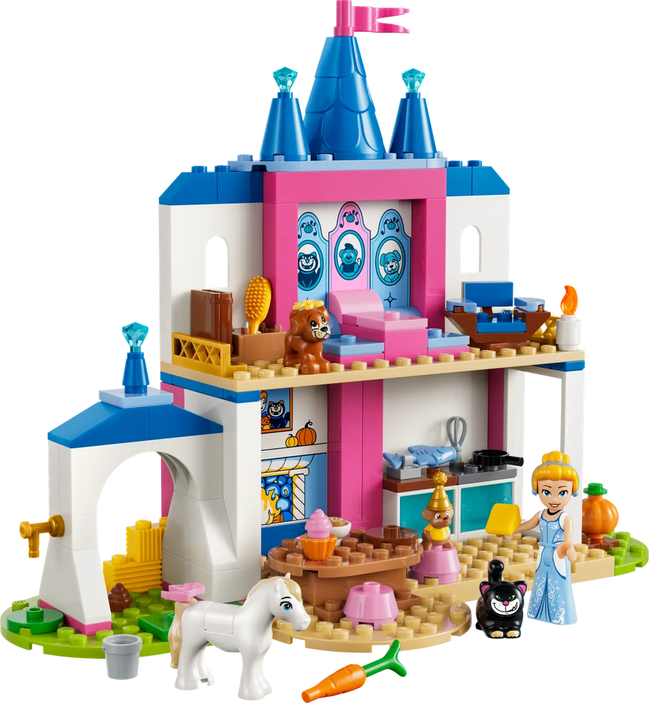 LEGO Disney Cinderella's Magical Castle with Cinderella, horse Major, dog Bruno, cat Lucifer, and mouse Gus Gus.