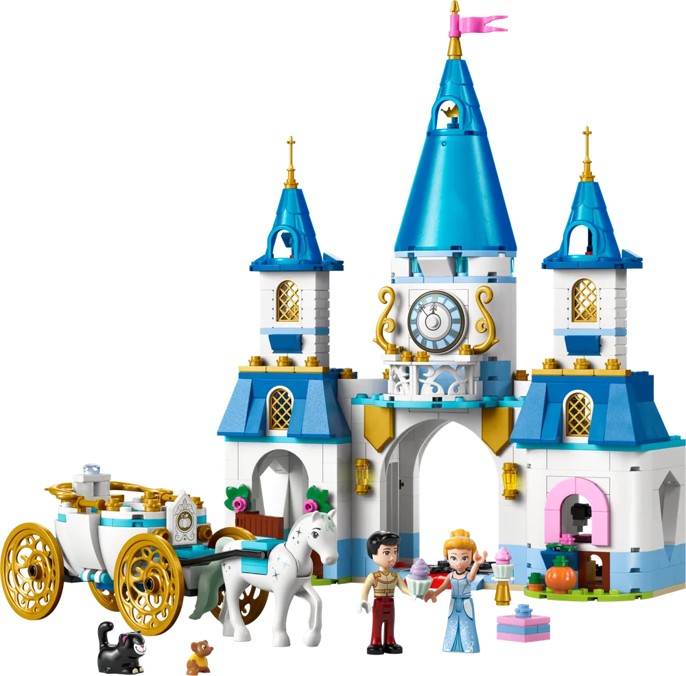 LEGO Disney Cinderella's Castle and Horse Carriage set 43275, featuring Cinderella, Prince Charming, a white horse, a black cat, and a brown mouse.