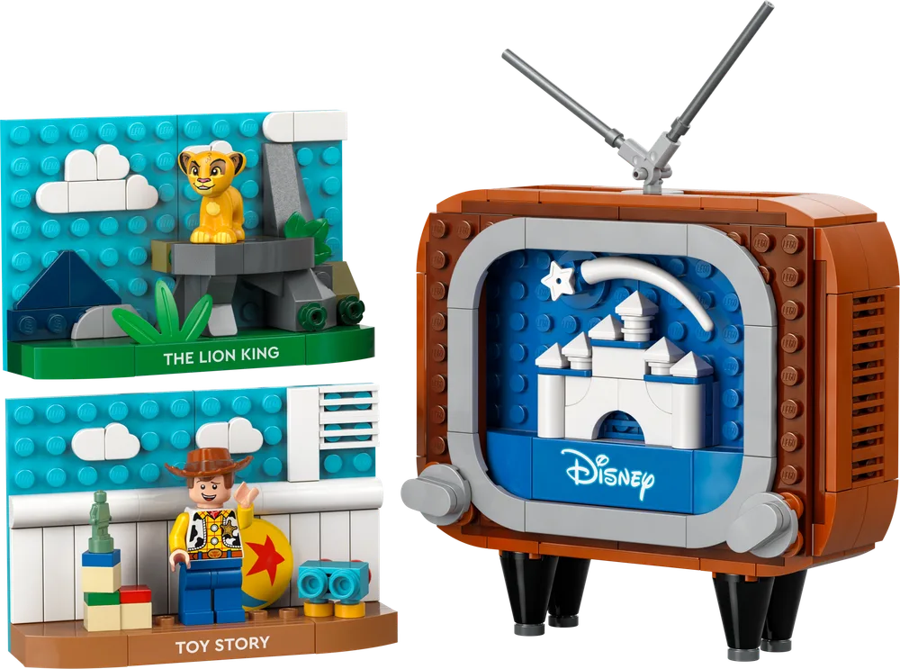 LEGO Disney Classic Animation Scenes set featuring a retro TV with a Disney castle scene and separate Lion King and Toy Story vignettes.