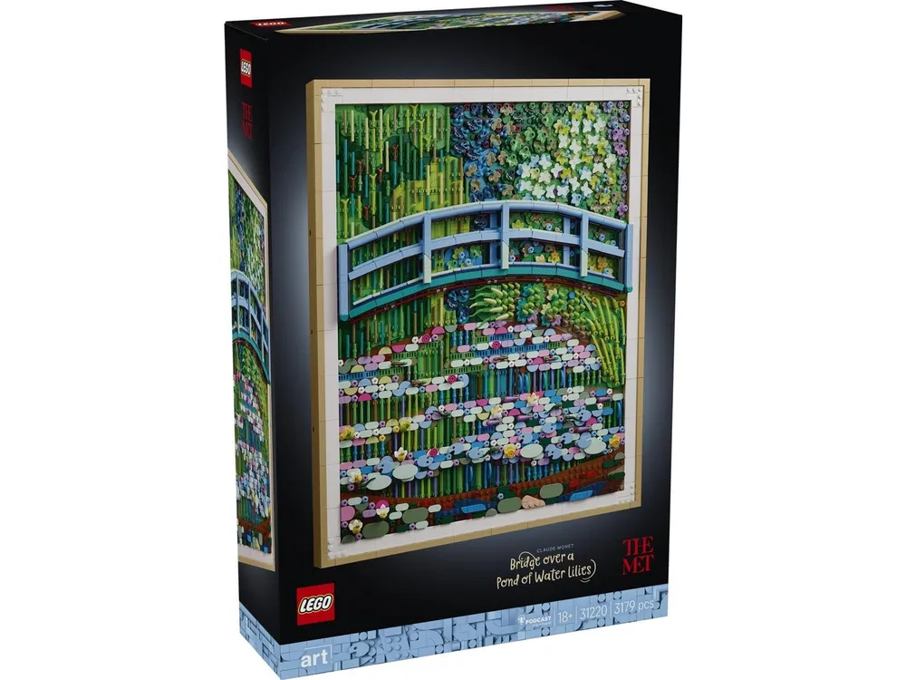 Front view of the LEGO Art set 31220, "Claude Monet – Water Lilies," still in its retail packaging. The box displays the finished LEGO mosaic, a vibrant and textured rendition of Monet's famous painting, with a light blue bridge arching over a pond filled with colorful lily pads. The LEGO logo and The MET collaboration branding are visible.