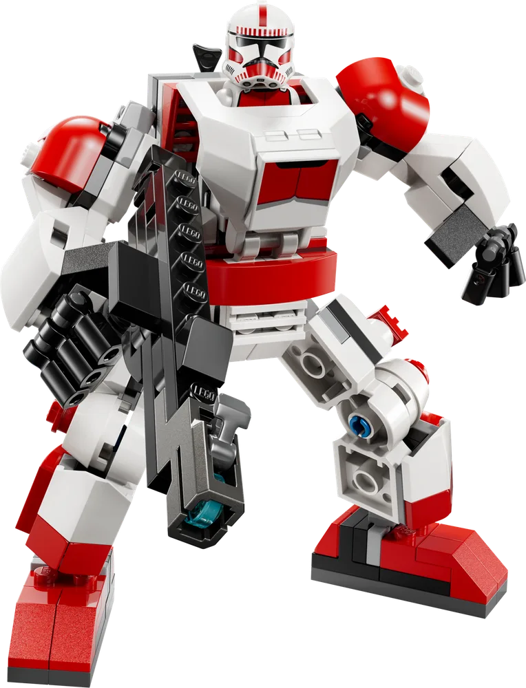 Front view of the LEGO Star Wars Clone Shock Trooper Mech, a red and white bipedal mech with an oversized blaster.