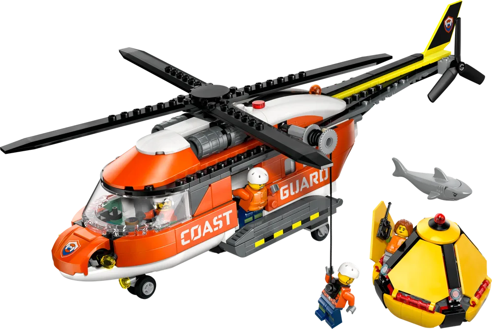 The LEGO City Coast Guard Rescue Helicopter set with submersible, shark, and three minifigures, one rappelling.