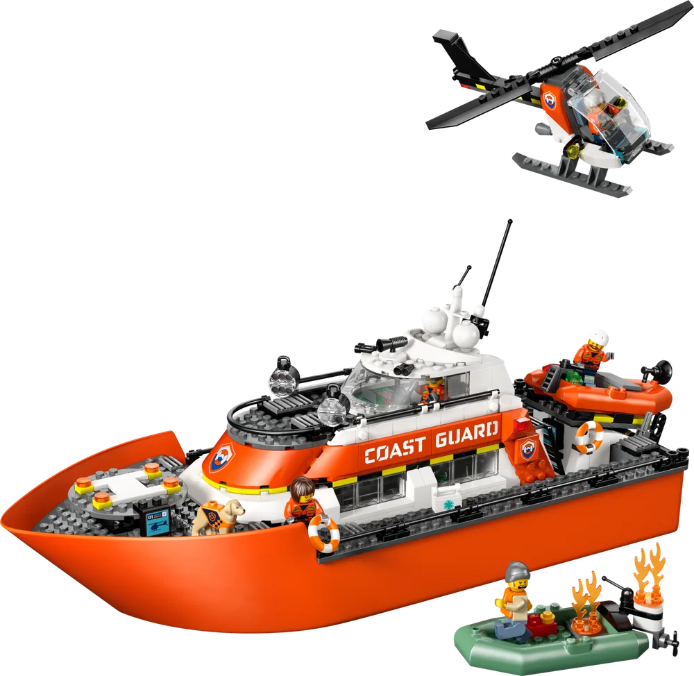 LEGO City Coast Guard Rescue Boat 60504 set, featuring a large orange and white boat, a black helicopter, and a green inflatable dinghy with a burning platform and minifigures.