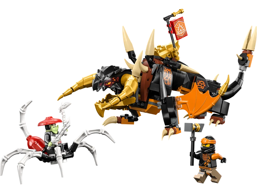 Cole’s Earth Dragon EVO set featuring Cole riding the fully armored Earth Dragon battling a Bone Scorpion on a white background.
