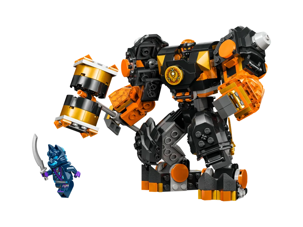 Cole's Elemental Earth Mech, a large black and orange robot with a golden hammer, standing ready with a purple Wolf Mask Warrior minifigure in front.