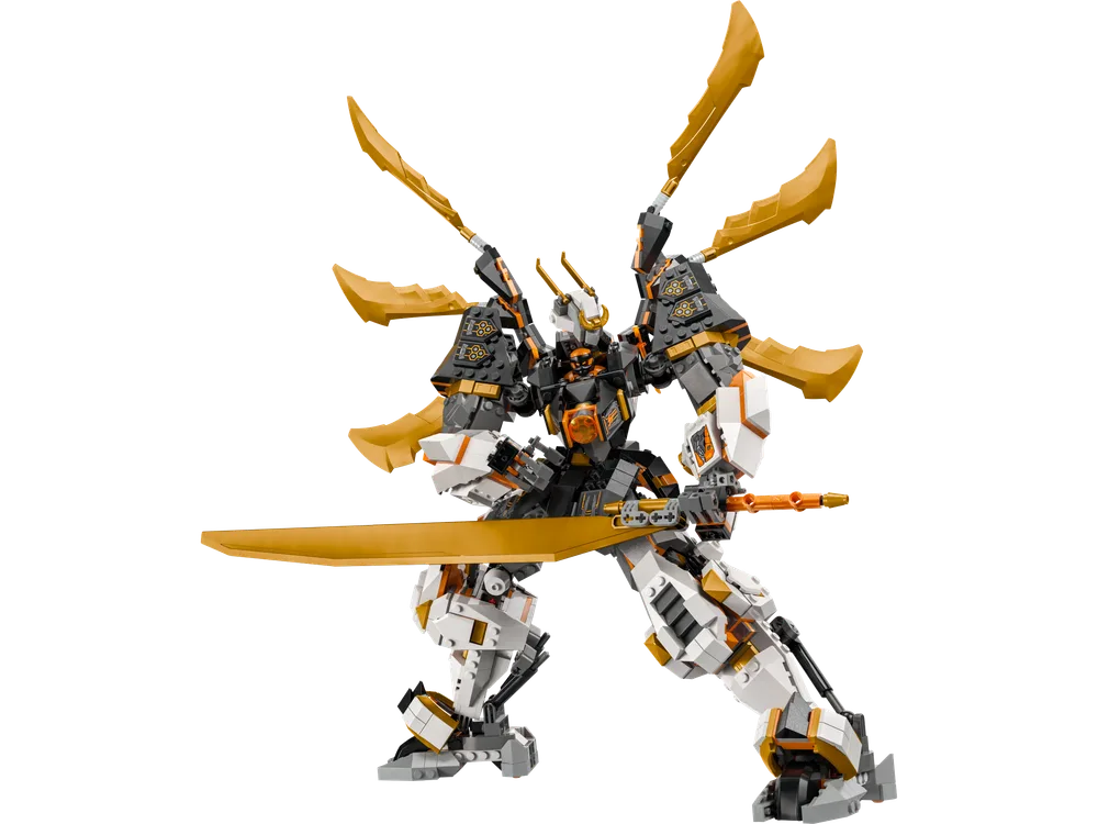 Cole's Titan Dragon Mech in a dynamic battle stance, holding a large golden sword.