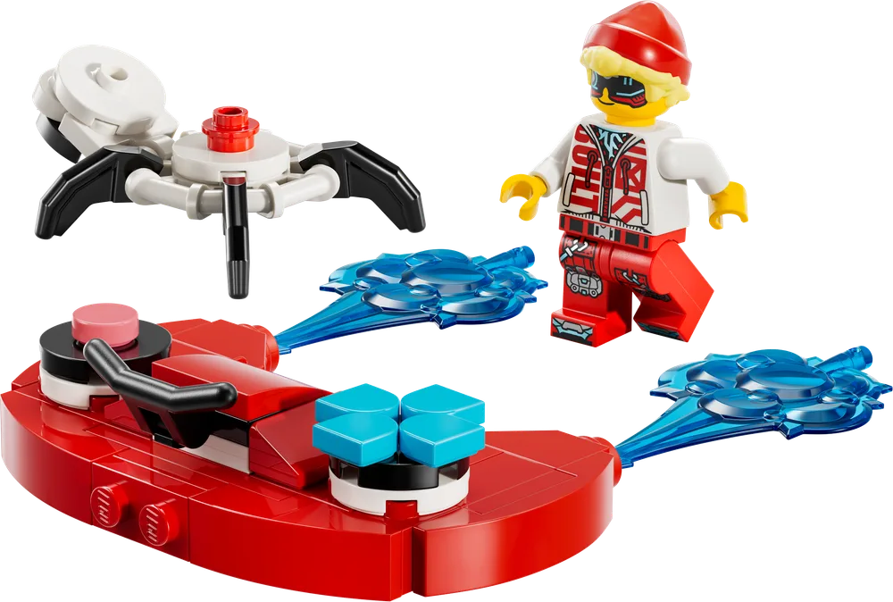 A LEGO Cooper minifigure, a red flying controller with blue buttons, and a white spider-like drone with black legs, all laid out on a white background.