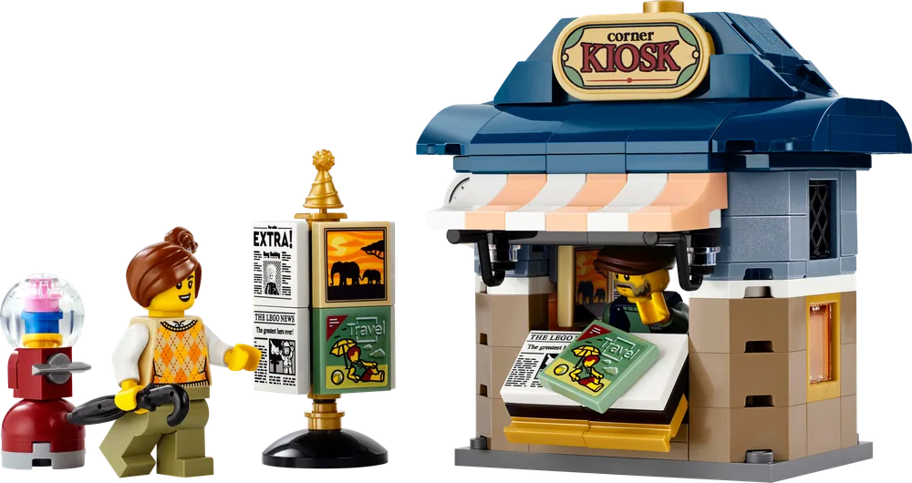 The LEGO Icons Corner Kiosk set 40757, featuring a detailed kiosk, a female minifigure holding an umbrella, a gumball machine, and a spinning newspaper stand.