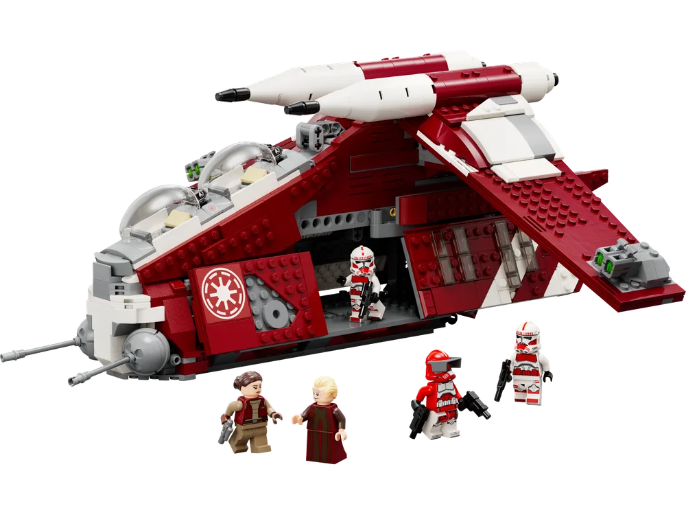 LEGO Star Wars Coruscant Guard Gunship with minifigures deploying from the open side hatch, ready for battle.