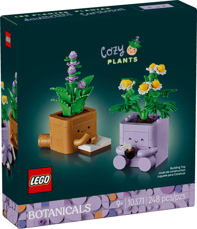 Front view of the LEGO Botanicals Cozy Plants box, showing two potted plants with expressive faces.