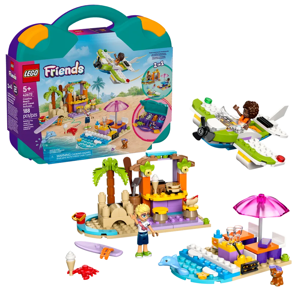 LEGO Friends 42672 Beach & Travel Suitcase, featuring a turquoise suitcase, a green and white airplane, a beach bar, and a beach lounge area with minifigures Autumn and Liann.