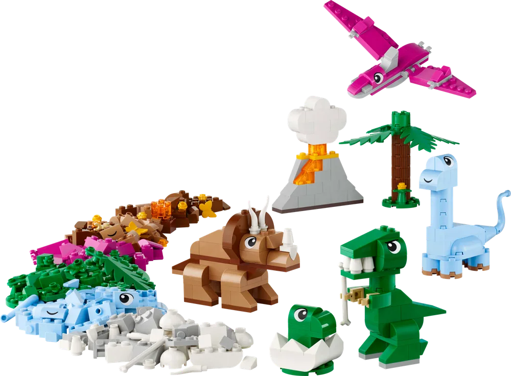 An overhead shot of a pile of Lego bricks sorted by color, with various completed dinosaur models scattered around, all on a white background.