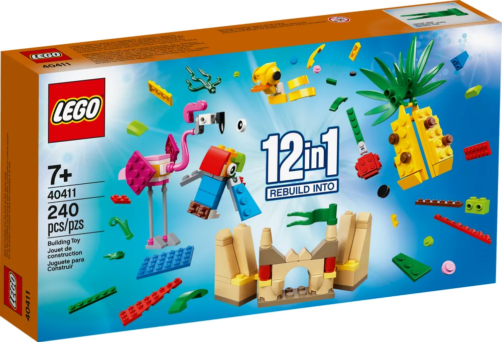 The front of the LEGO Creative Fun 12-in-1 set box, number 40411, showing an array of colorful brick-built models like a flamingo, parrot, sandcastle, and pineapple against a blue background, along with loose LEGO pieces.