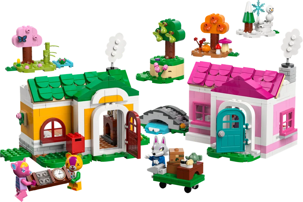 Full LEGO Animal Crossing set 77057, showing two houses, a bridge, a cart, and three seasonal trees.