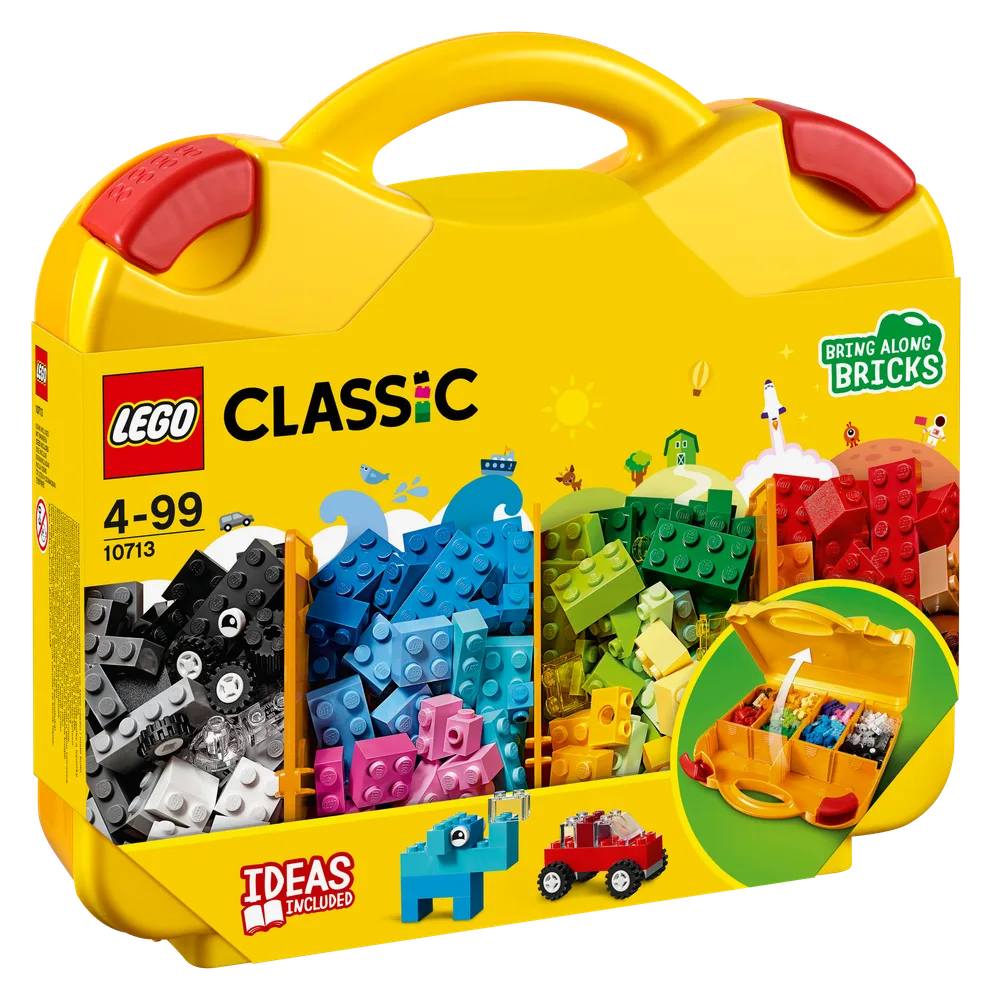 LEGO Classic Creative Suitcase (10713) box showing colorful sorted bricks and small models like a car and a monster.