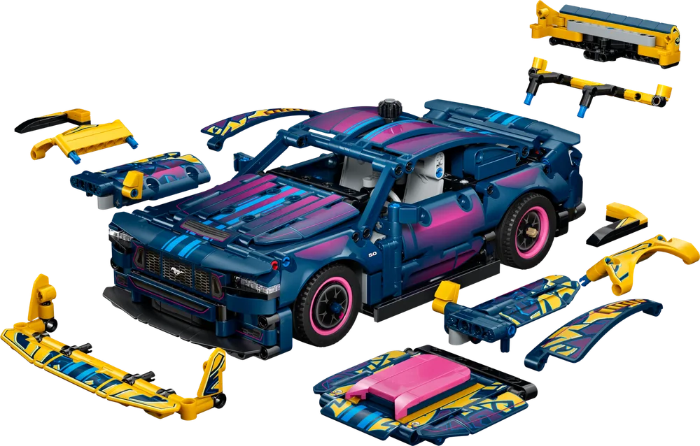 LEGO Technic Ford Mustang GT with many interchangeable body parts laid out, showcasing customization.