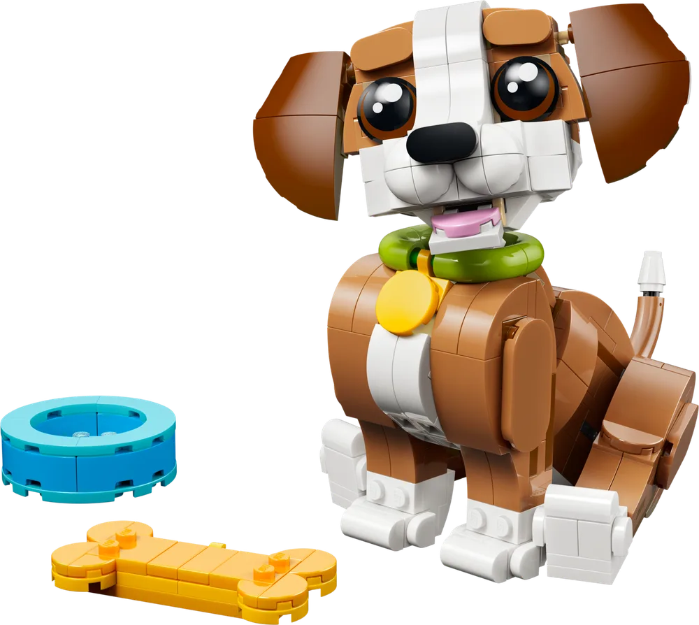 A brown and white LEGO puppy sits next to a blue bowl and yellow bone, looking forward.