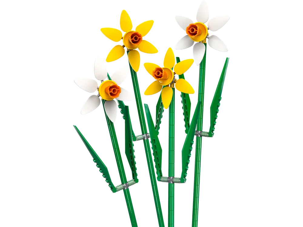 Four LEGO daffodils with green stems and leaves, two with yellow petals and orange centers, two with white petals and orange centers, all against a clean white background.