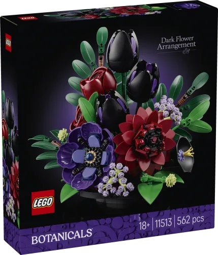 Front of the LEGO Botanicals Dark Flower Arrangement (11513) box, showcasing a vibrant bouquet of dark-hued LEGO flowers, piece count, and age recommendation.