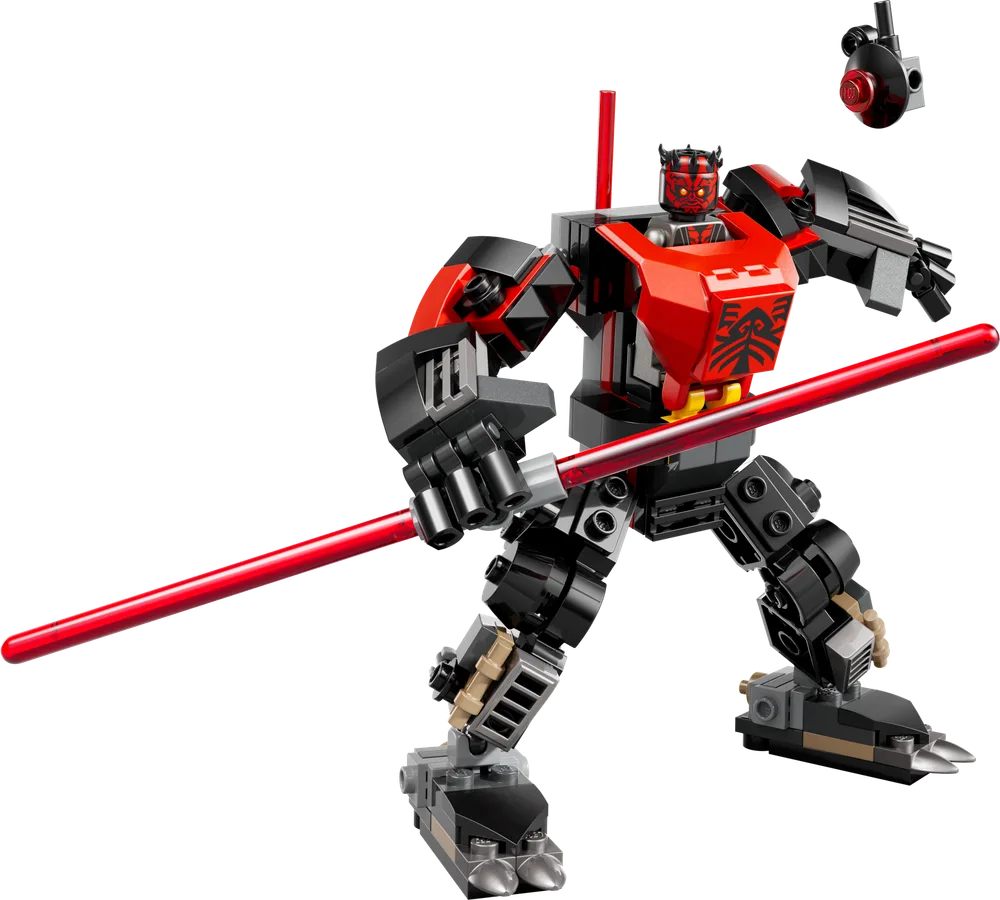 Darth Maul mech in an aggressive stance, wielding a large red lightsaber, with a detached head piece floating above.