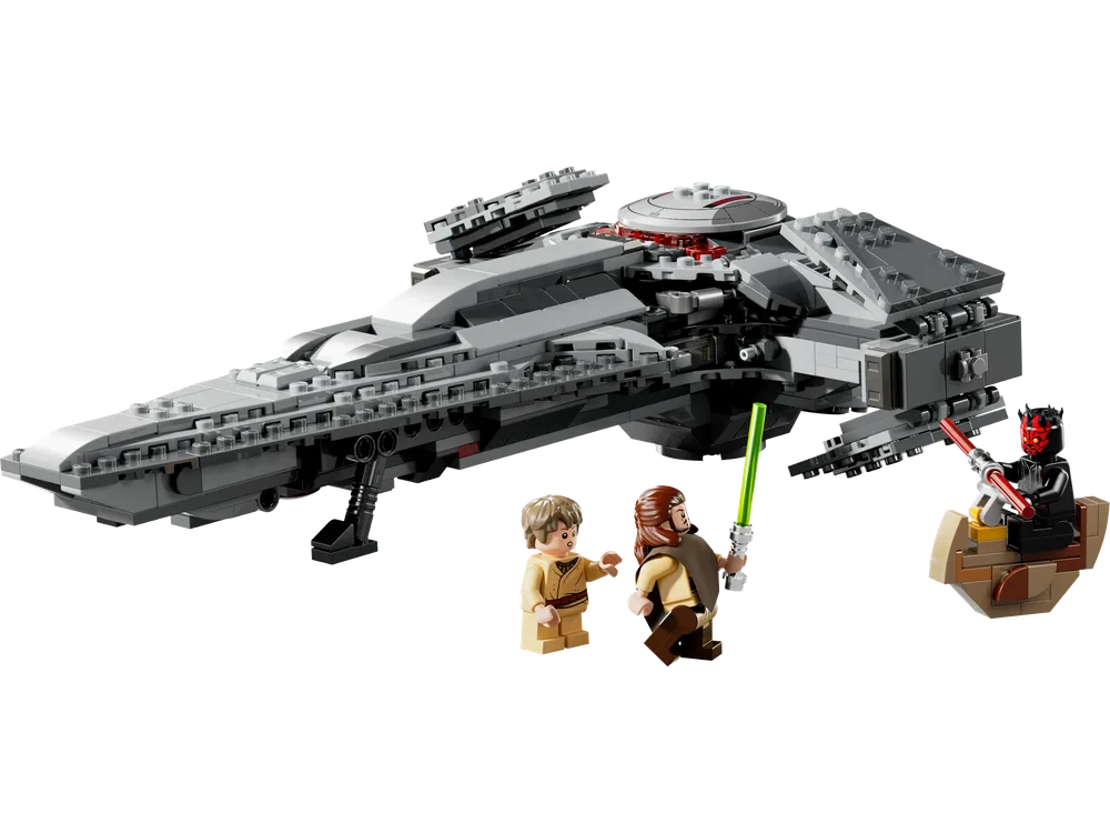 The LEGO Sith Infiltrator (Set 75383) lands, with Darth Maul on his speeder near Qui-Gon Jinn and Anakin Skywalker.