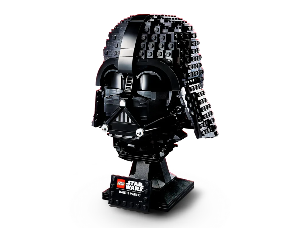 LEGO Star Wars Darth Vader Helmet (75304) display model on a black stand against a white background.