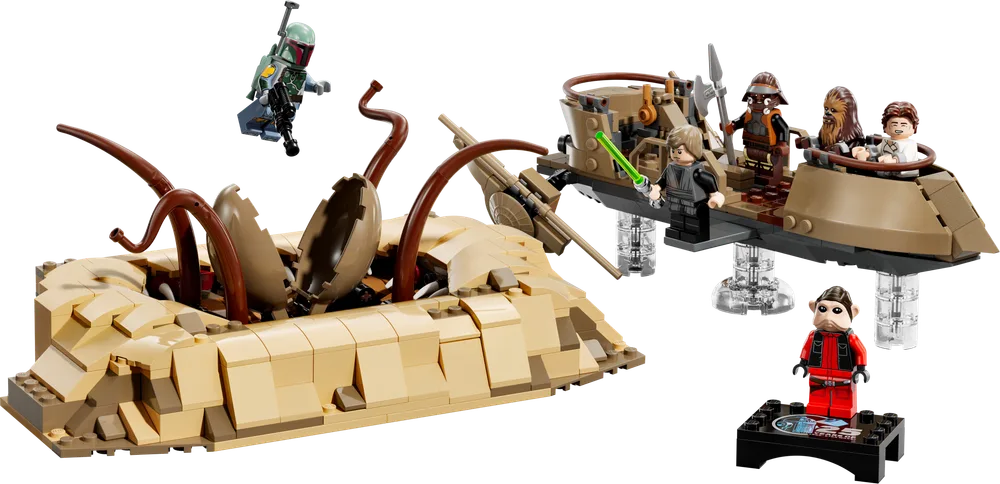 The Desert Skiff hovers over the Sarlacc Pit, with Luke Skywalker, Han Solo, Chewbacca, and Lando Calrissian (Skiff Guard) on board. Boba Fett flies nearby.