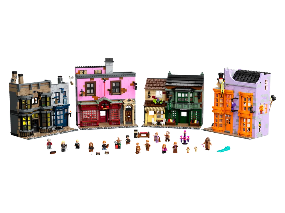 LEGO Harry Potter Diagon Alley set 75978 with all individual modular buildings and minifigures laid out on a white background.