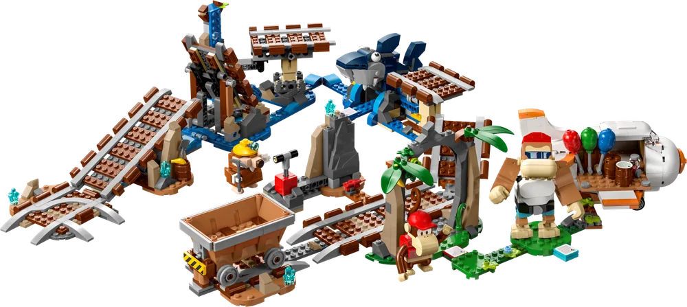 An overhead view of the full LEGO Super Mario Diddy Kong's Mine Cart Ride Expansion Set 71425, showcasing the sprawling mine cart tracks, various jungle obstacles, a large Donkey Kong figure, Diddy Kong, a mine cart, a detailed airplane, and enemy figures like Snapjaw and a Mole Miner.