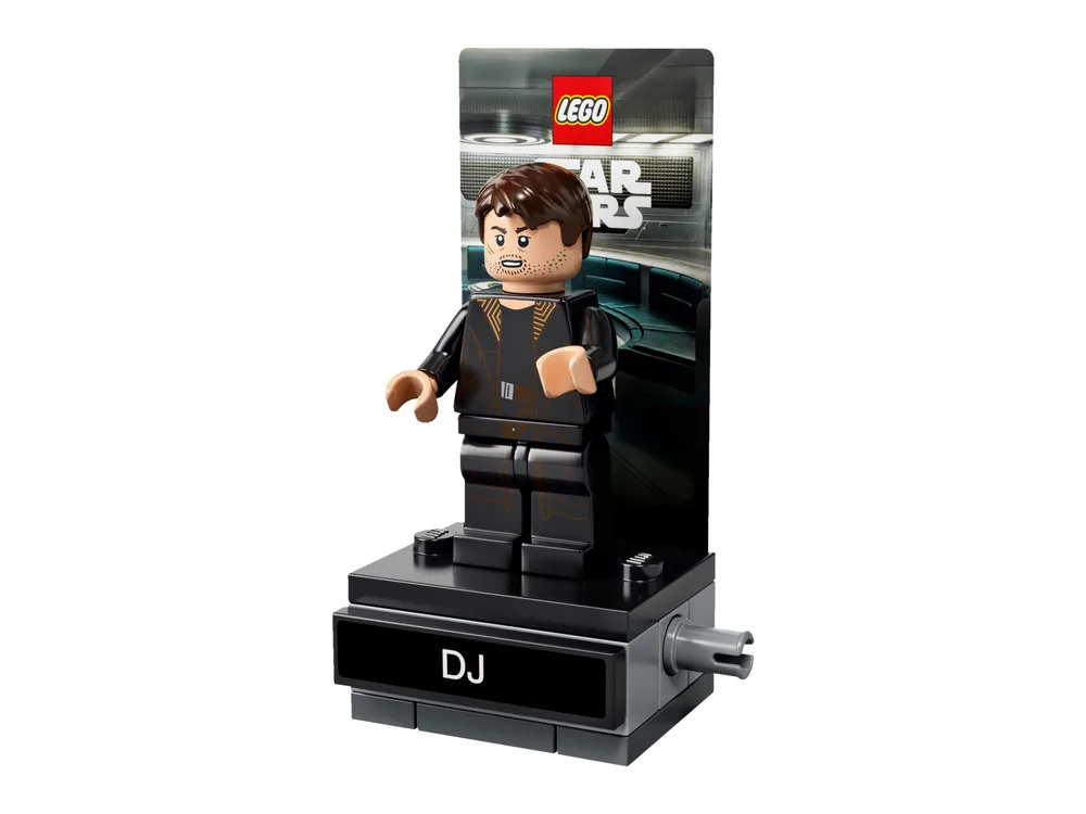 A LEGO Star Wars DJ minifigure stands on a black display base with a Star Wars logo backdrop, against a white background.